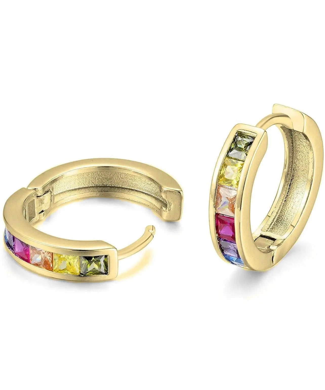 18K Gold Plated Rainbow Colored Princess Cut Cubic Zirconia Huggie Hoop Earrings - ADIRFINE