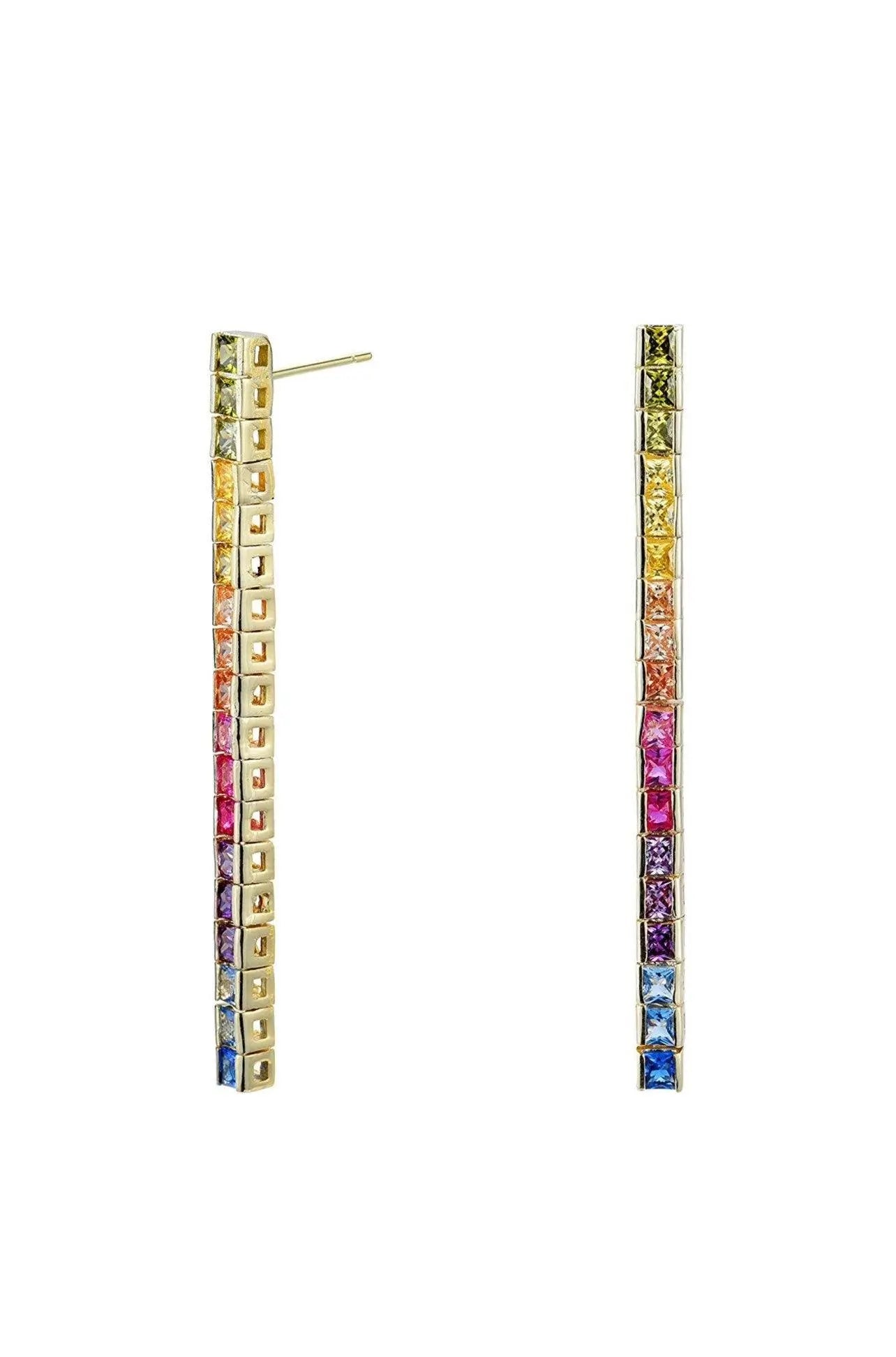 18K Gold Plated Rainbow Multi Colored Princess Cut Cubic Zirconia Dangling Drop Tennis Earrings - ADIRFINE