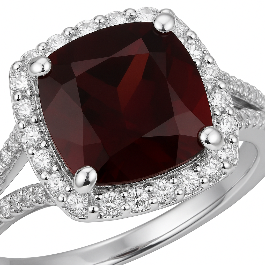 925 Sterling Silver Rhodium-Plated Garnet or Sapphire Halo Ring – Cushion-Cut Garnet with Diamond Accents Design