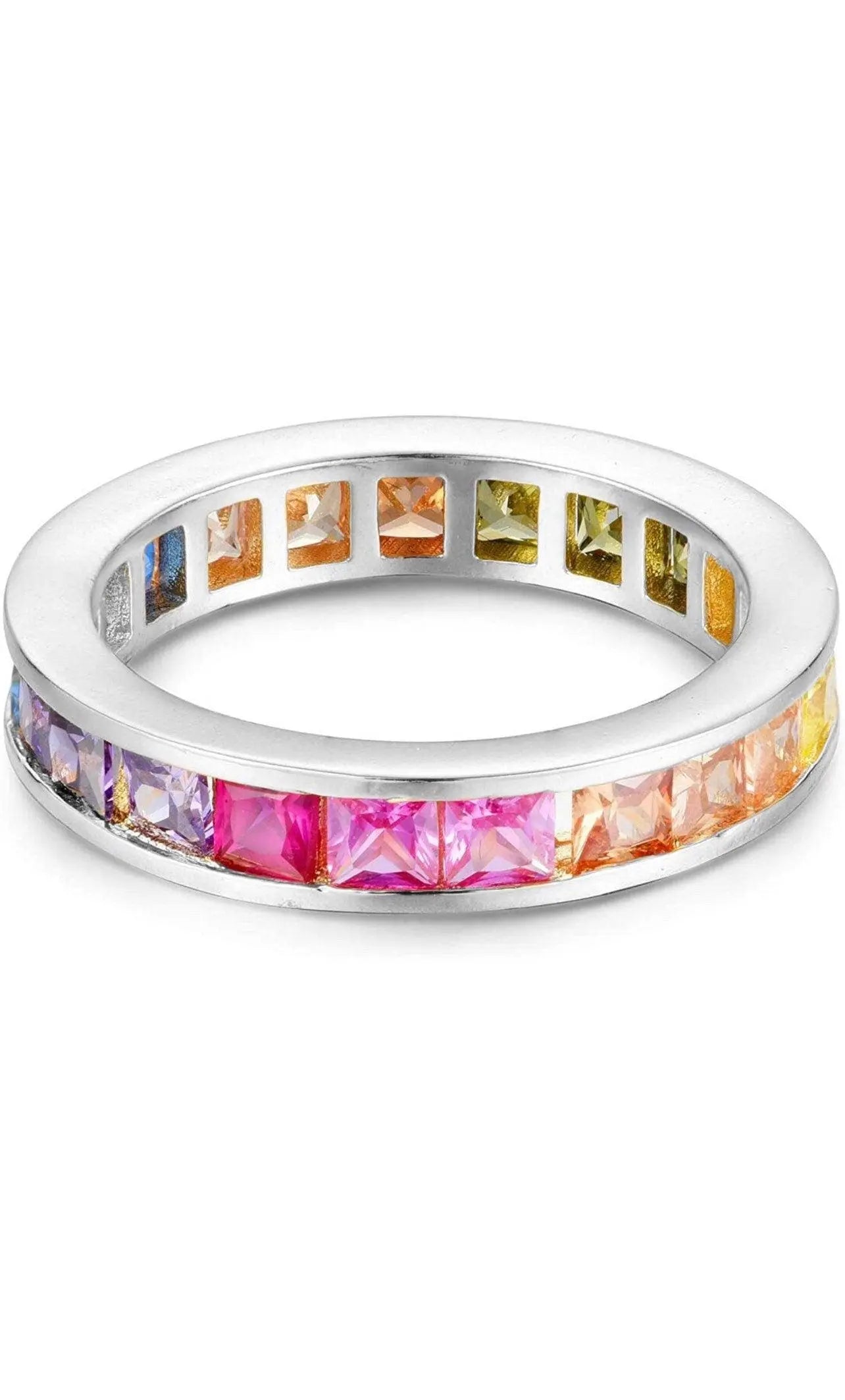 925 Sterling Silver 3MM Square Princess Cut Rainbow Colored Cubic Zirconia Eternity Band - ADIRFINE