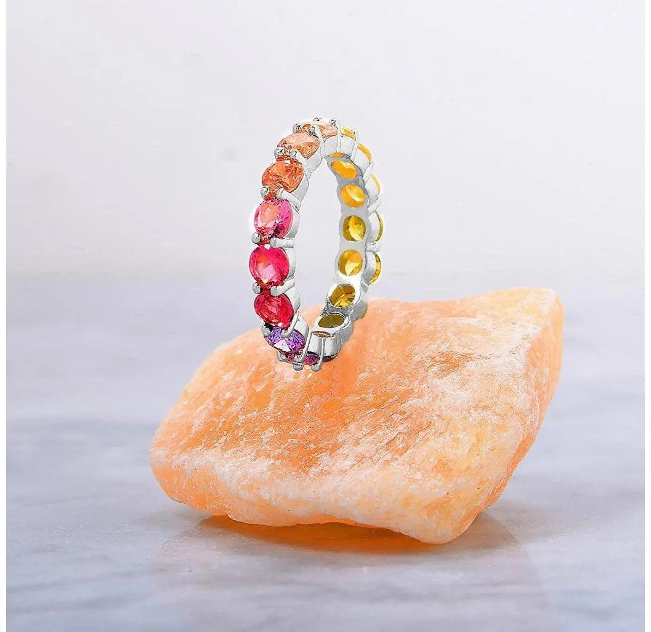 925 Sterling Silver 4MM Round Rainbow Colored Stone Eternity Band Ring - ADIRFINE