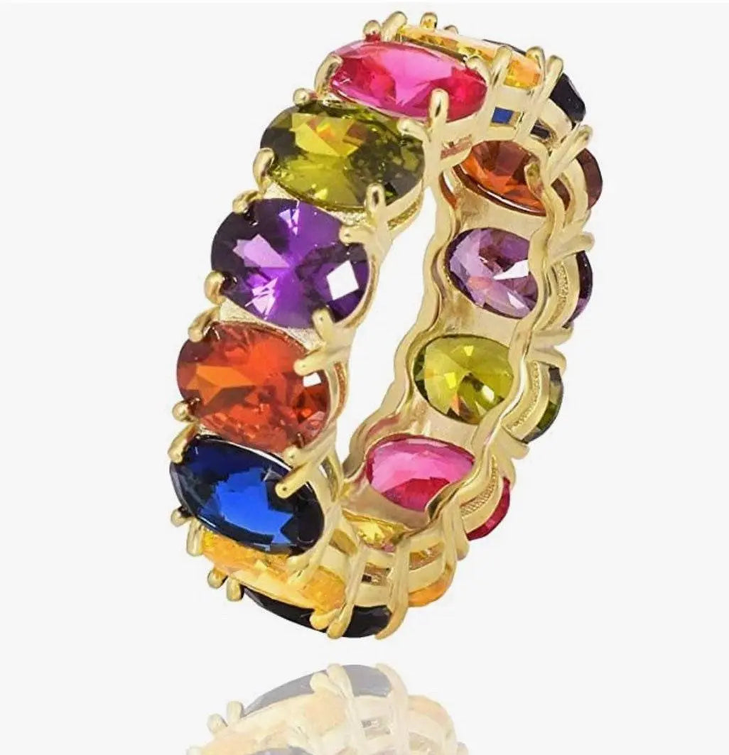 925 Sterling Silver 7mm Multi Colored Oval Cubic Zirconia Eternity Band Ring - ADIRFINE