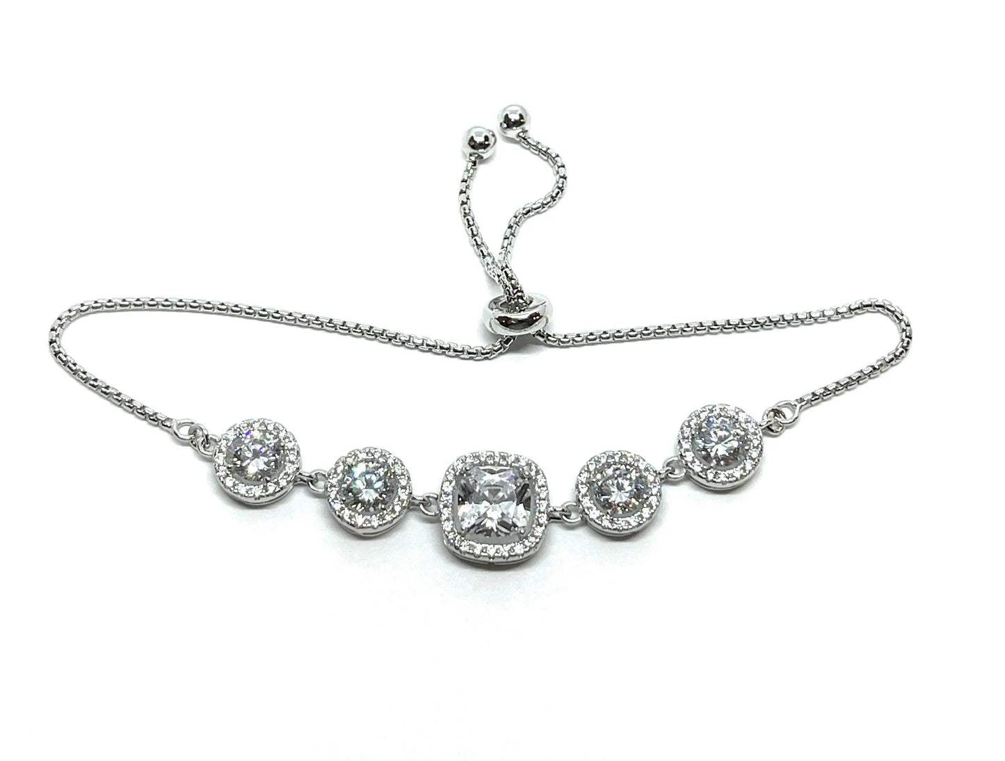 925 Sterling Silver Adjustable Colored Stone Cubic Zirconia Halo Bracelet - ADIRFINE