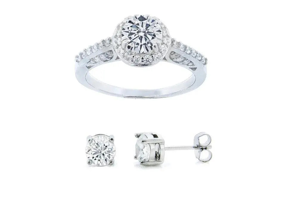 925 Sterling Silver Colored Cubic Zirconia Halo Ring Earrings Set - ADIRFINE