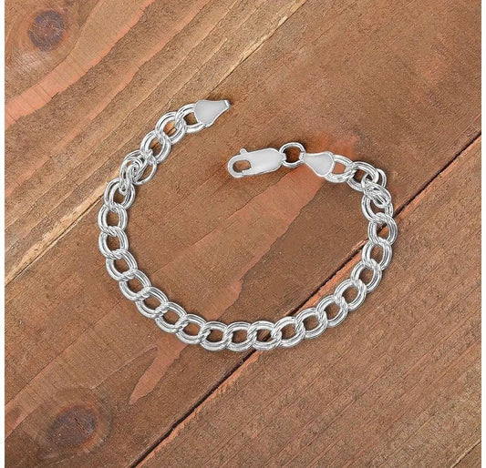 925 Sterling Silver Double Link Charm Bracelet 4 5 6 7 8MM - ADIRFINE
