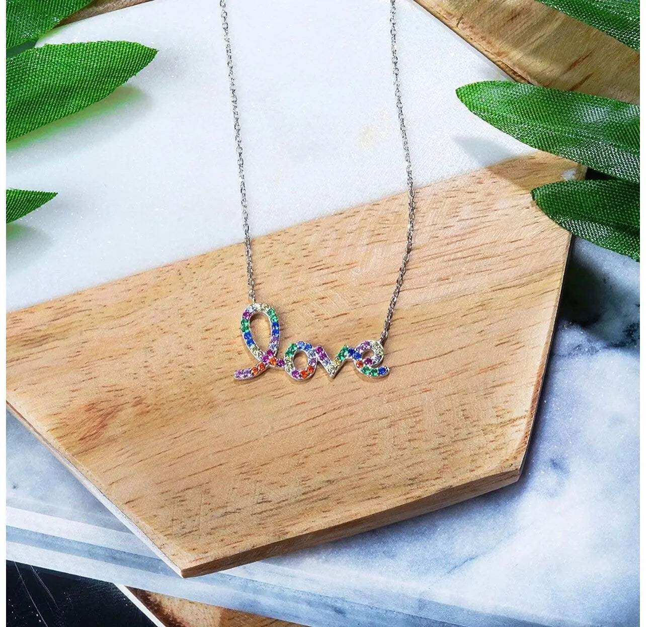 925 Sterling Silver LOVE Choker Necklace / Gold Plated Silver Multi-Colored Stone LOVE Charm and Chain - ADIRFINE