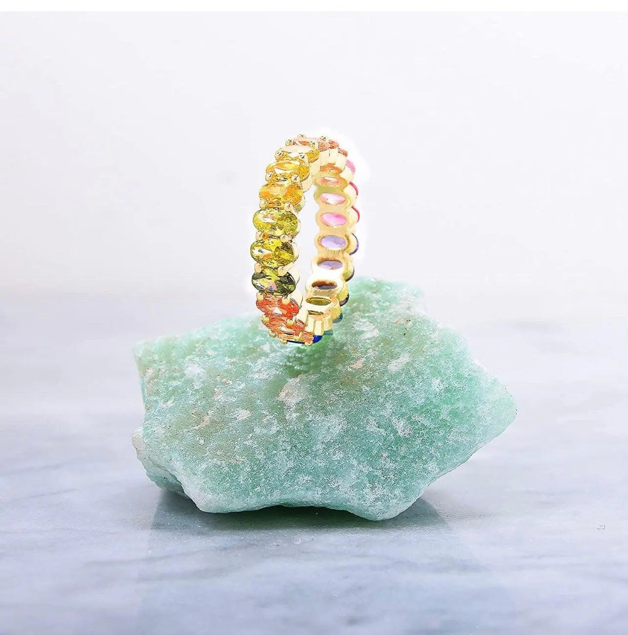 925 Sterling Silver Multi Colored Oval Cubic Zirconia Eternity Band Ring - ADIRFINE