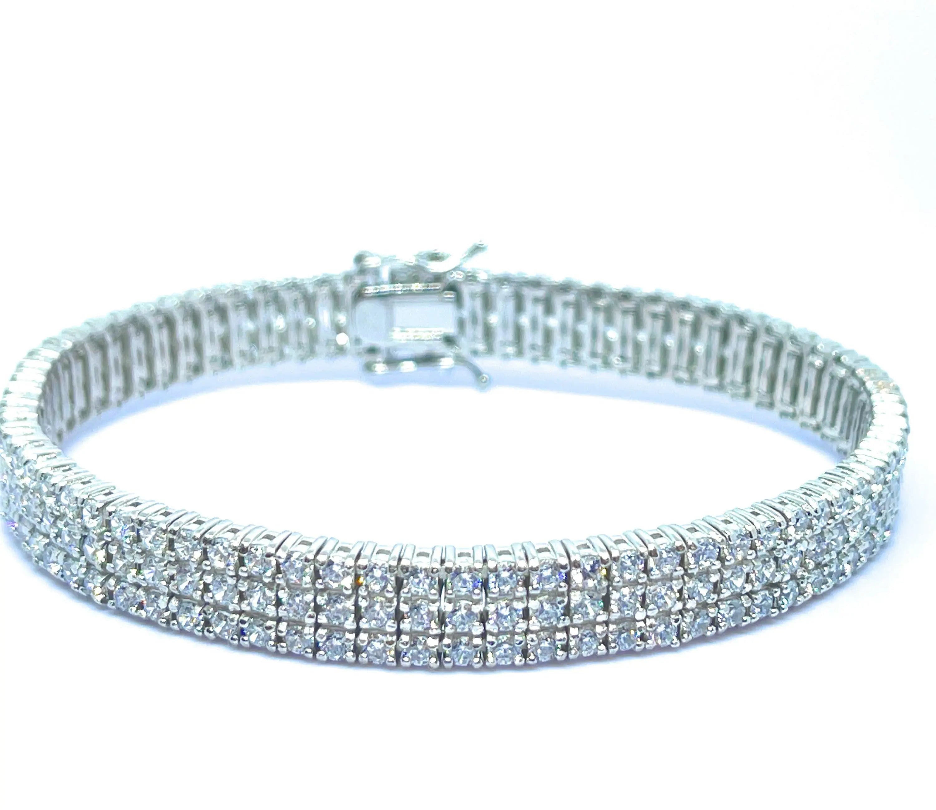 925 Sterling Silver Three Row 2mm Cubic Zirconia Tennis Bracelet