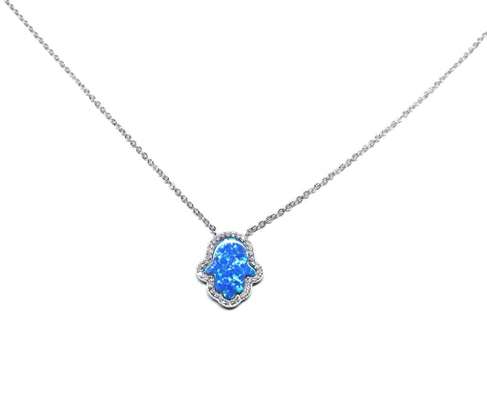 ADIRFINE 925 Sterling Silver Opal Hamsa Charm Necklace