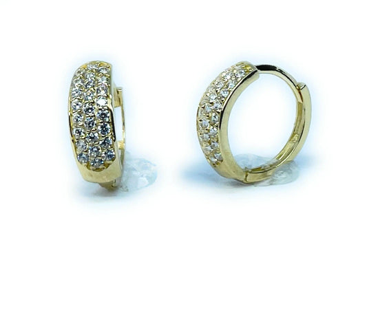 10K Solid Gold 3 Row Cubic Zirconia Huggie Hoop Earrings - ADIRFINE 