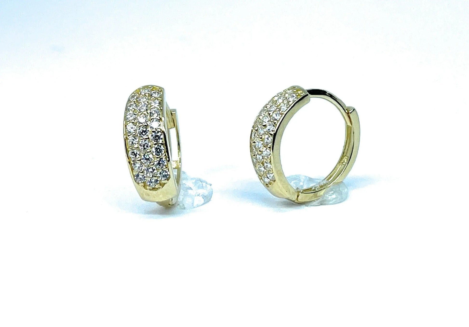 10K Solid Gold 3 Row Cubic Zirconia Huggie Hoop Earrings - ADIRFINE 