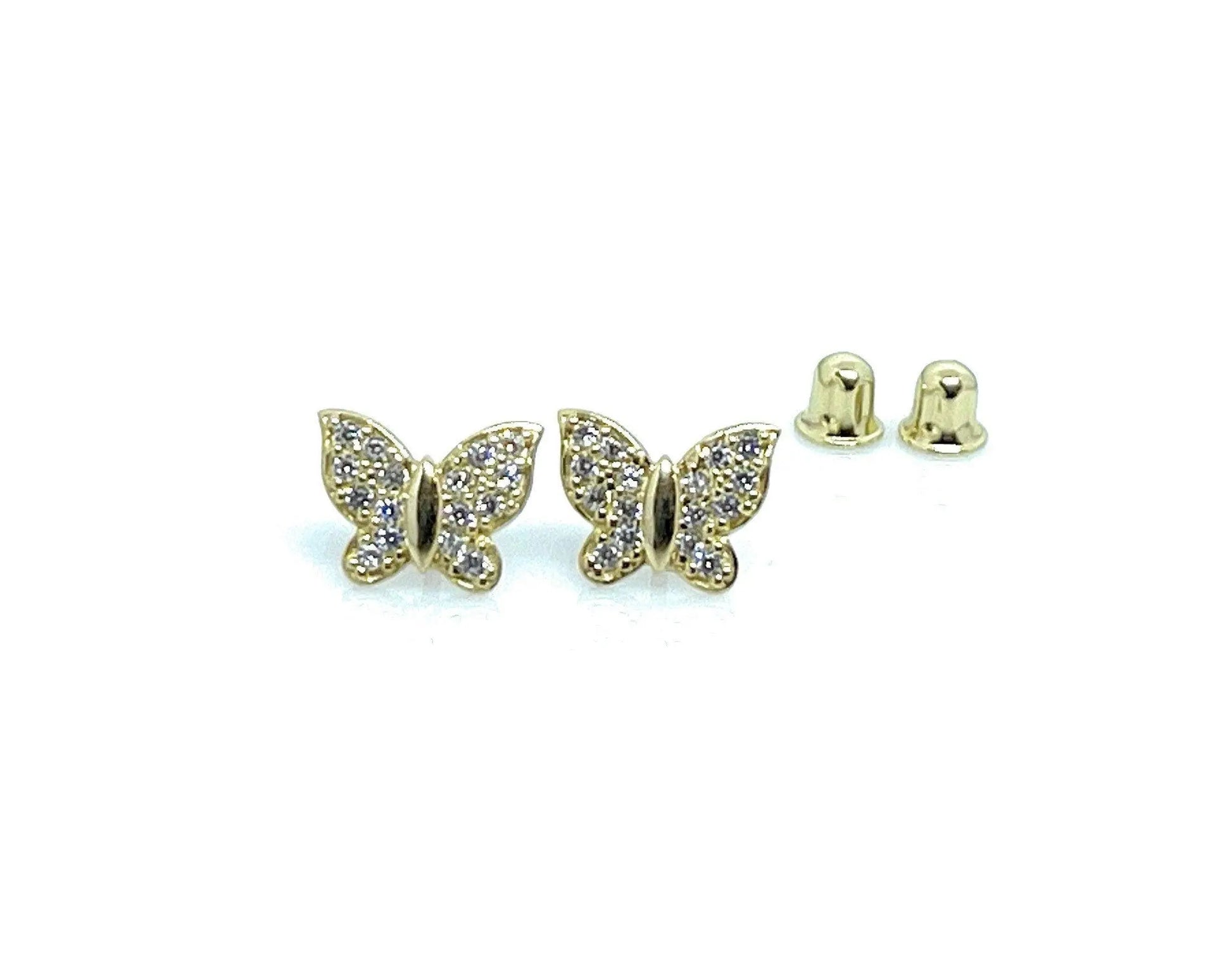 10K Solid Gold Cubic Butterfly Screw Backs Studs Earrings - ADIRFINE 