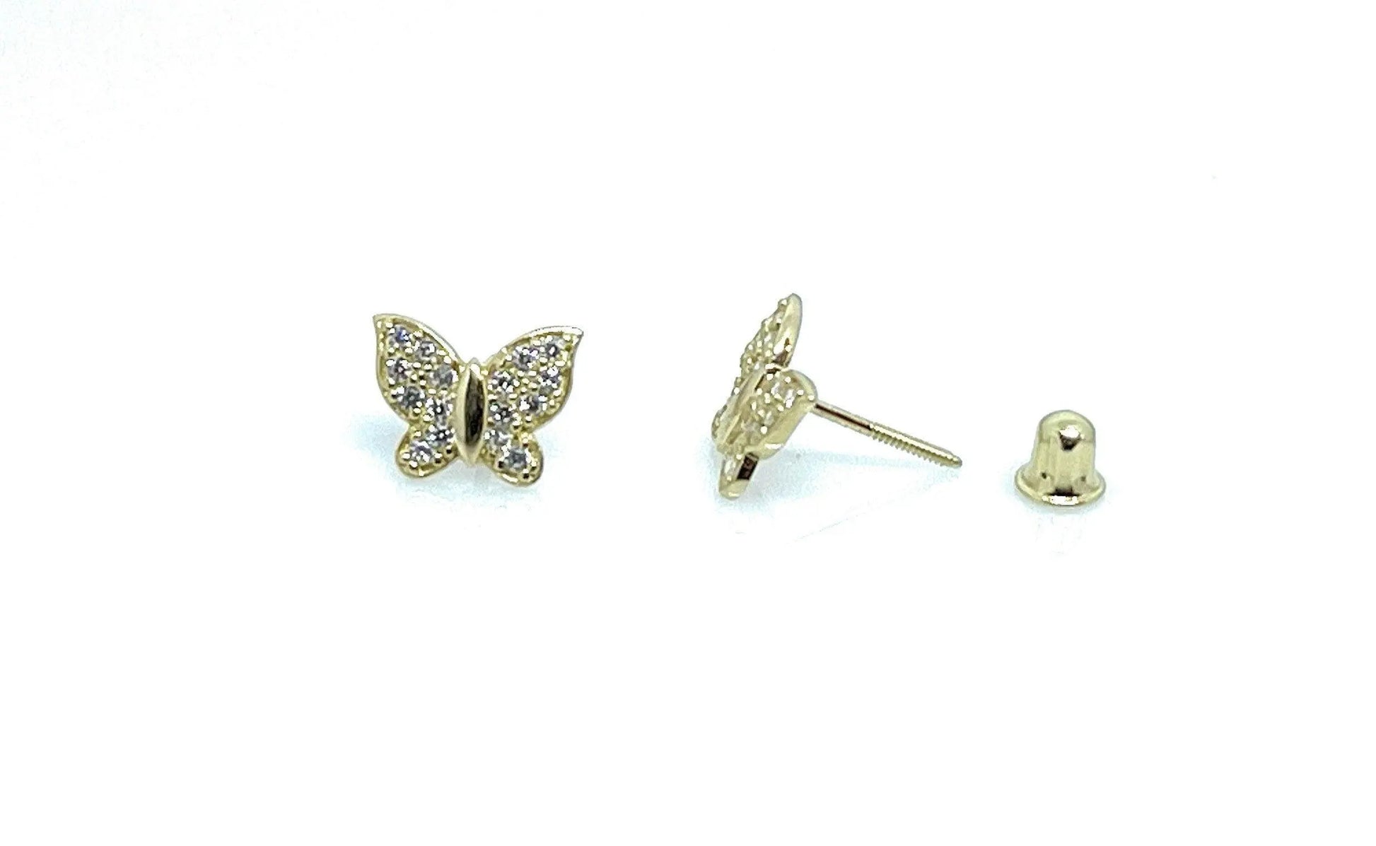 10K Solid Gold Cubic Butterfly Screw Backs Studs Earrings - ADIRFINE 