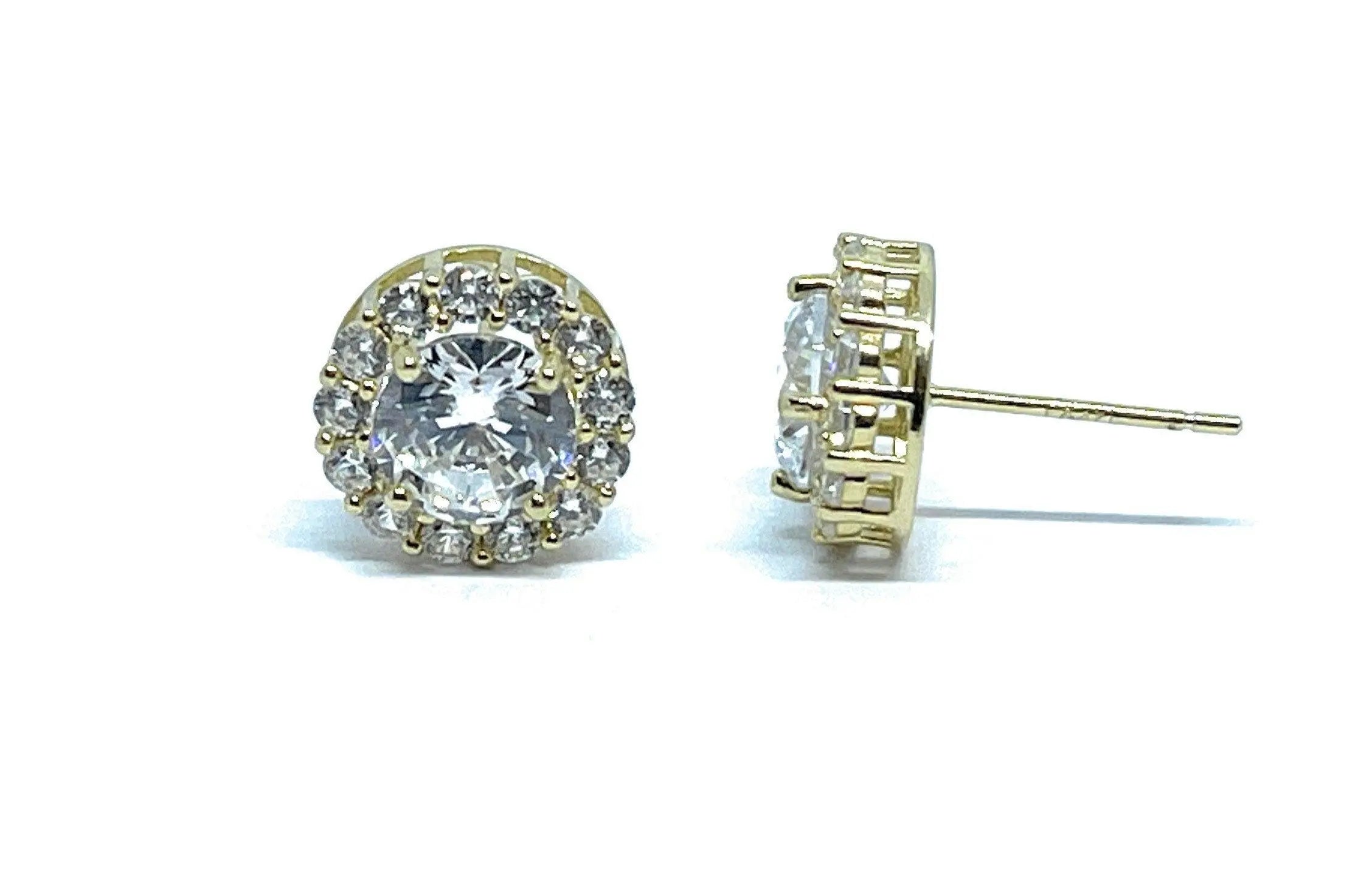Jewelili Stud Earrings with Cubic Zirconia Solitaire in 10K Yellow Gold