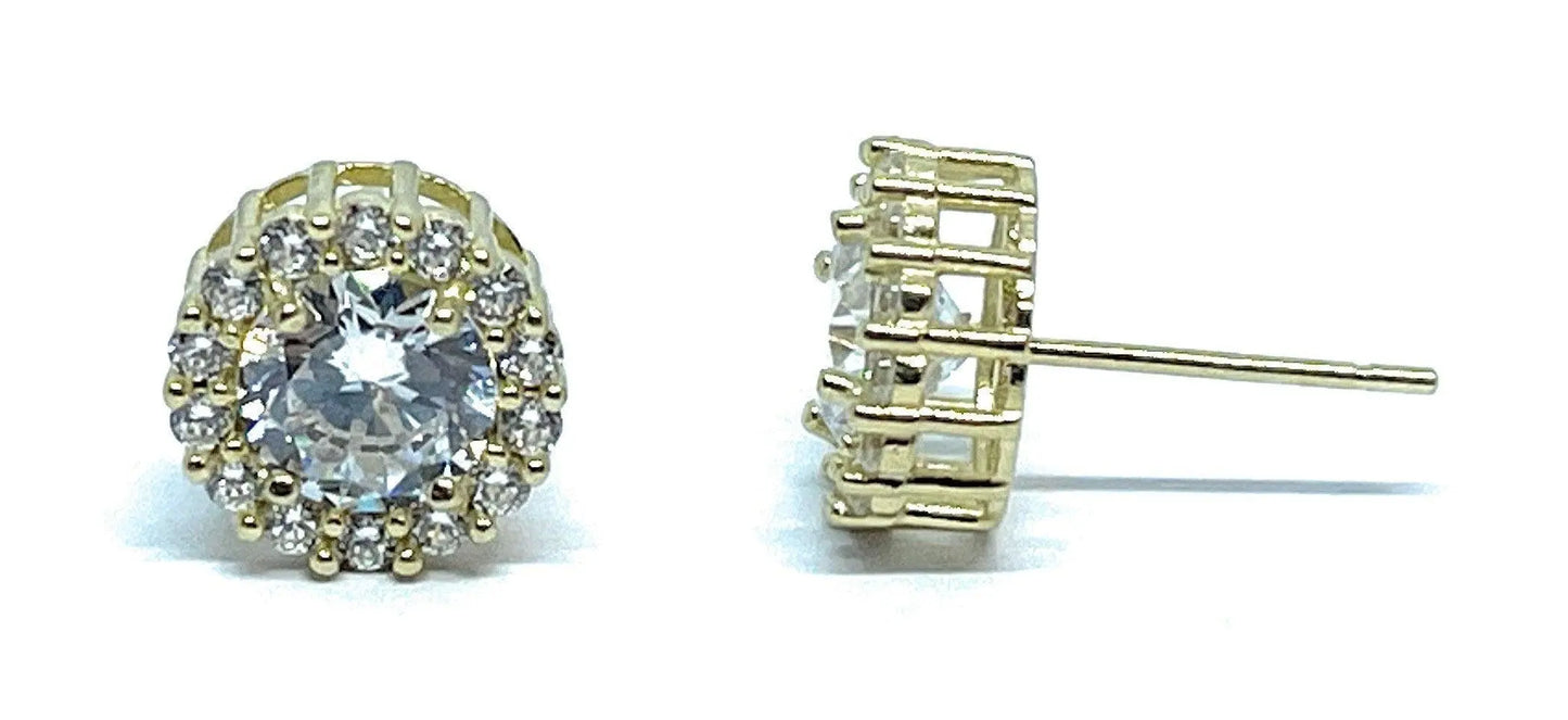 10K Solid Gold Cubic Zirconia Halo Studs Earrings - ADIRFINE 