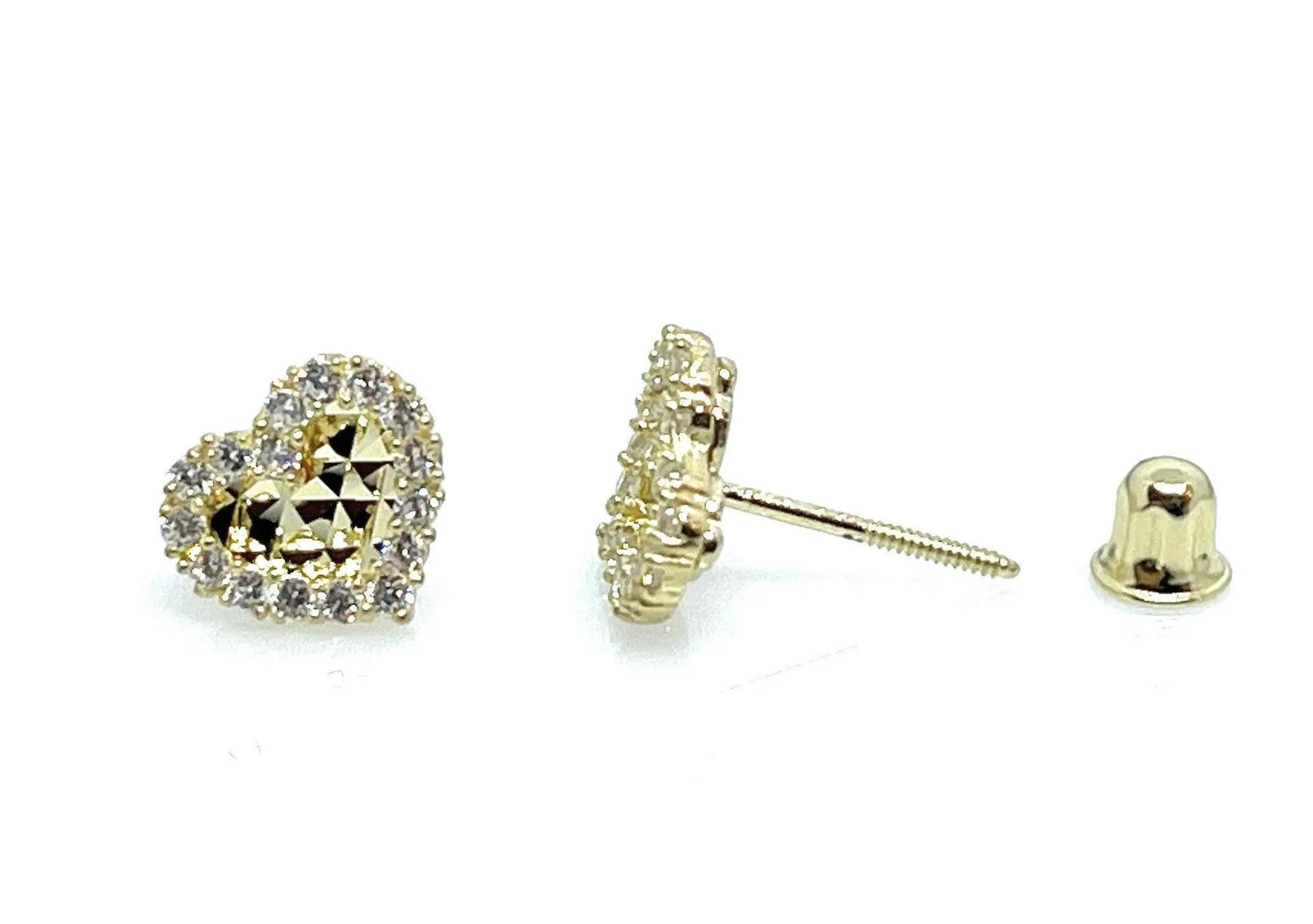 10K Solid Gold Diamond Cut Pave Cubic Zirconia Heart Screw Backs Studs Earrings - ADIRFINE 