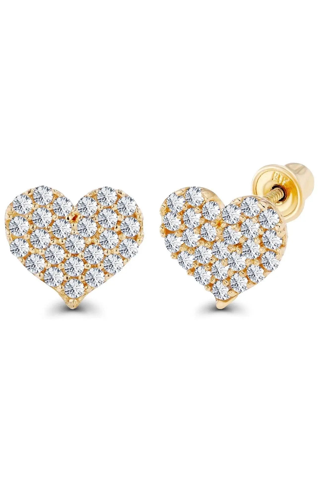 10K Solid Gold Micro Pave Cubic Zirconia Heart Screw Backs Studs Earrings - ADIRFINE 