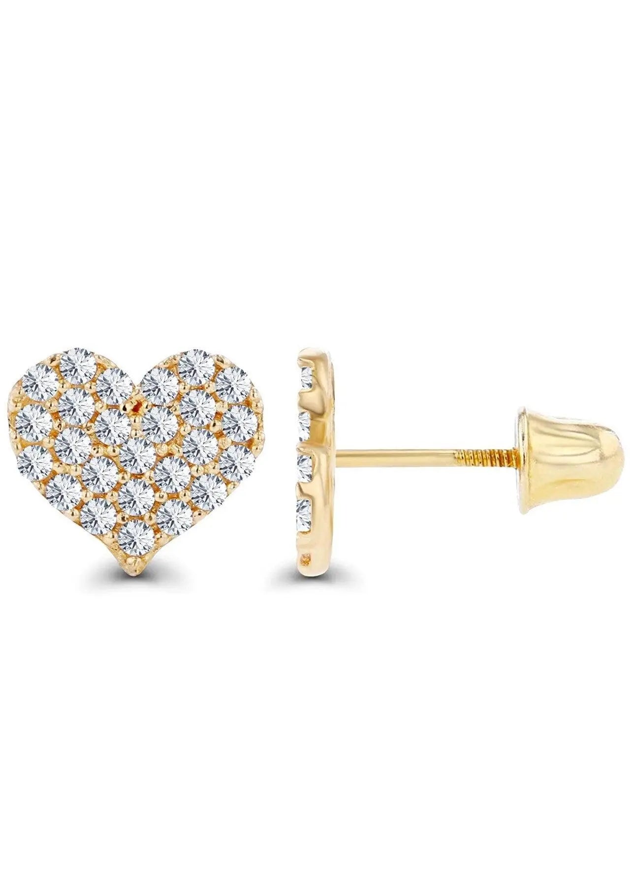 10K Solid Gold Micro Pave Cubic Zirconia Heart Screw Backs Studs Earrings - ADIRFINE 