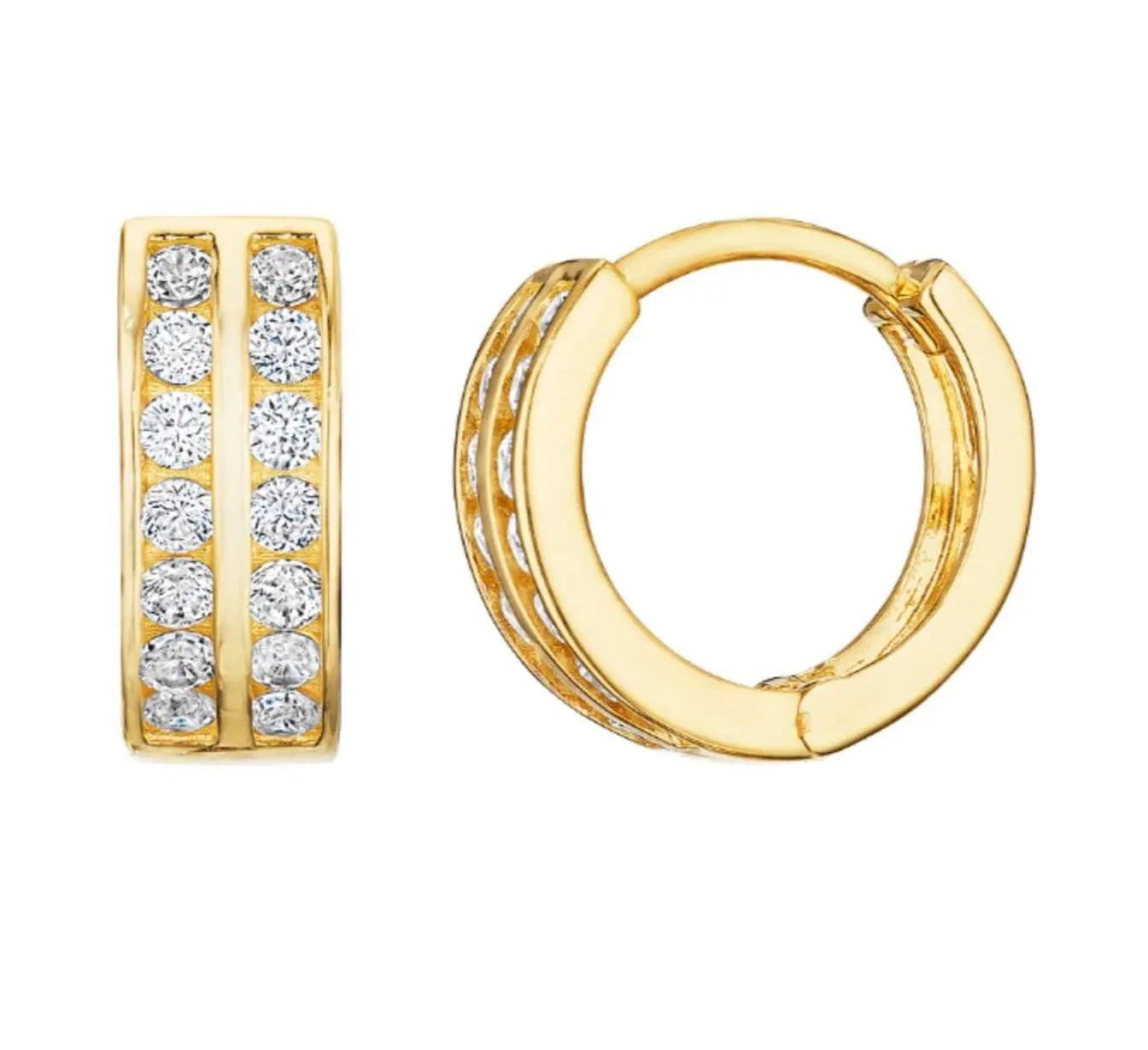 10K Solid Gold Two Row Round Cubic Zirconia Huggie Hoop Earrings - ADIRFINE 