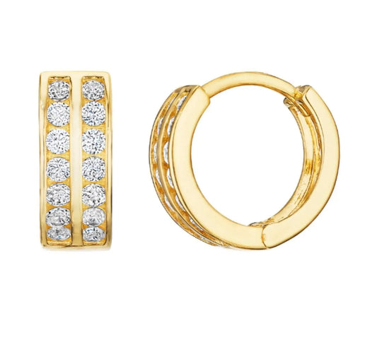 10K Solid Gold Two Row Round Cubic Zirconia Huggie Hoop Earrings - ADIRFINE 