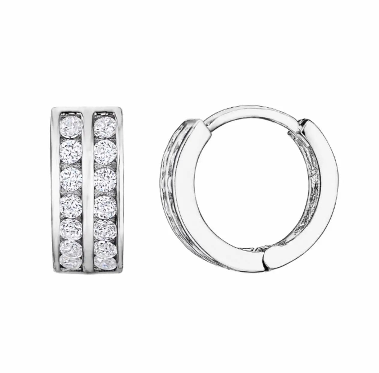 10K Solid Gold Two Row Round Cubic Zirconia Huggie Hoop Earrings - ADIRFINE 