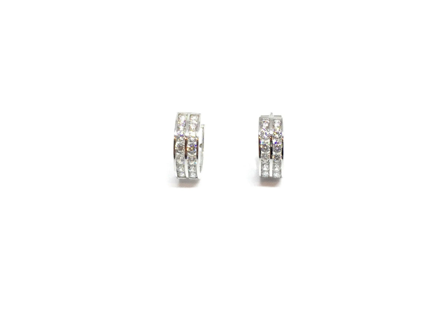 10K Solid Gold Two Row Round Cubic Zirconia Huggie Hoop Earrings - ADIRFINE 