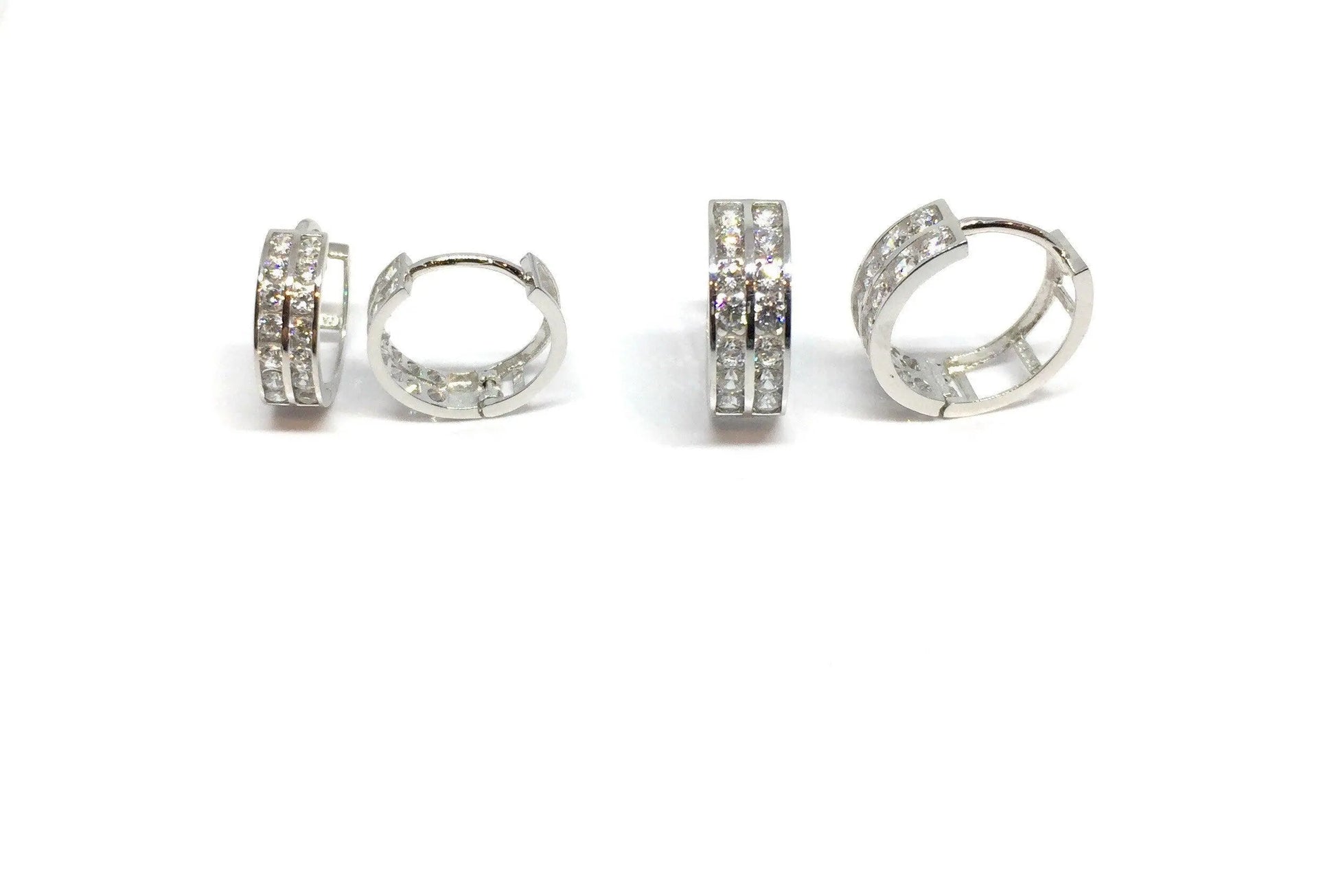 10K Solid Gold Two Row Round Cubic Zirconia Huggie Hoop Earrings - ADIRFINE 