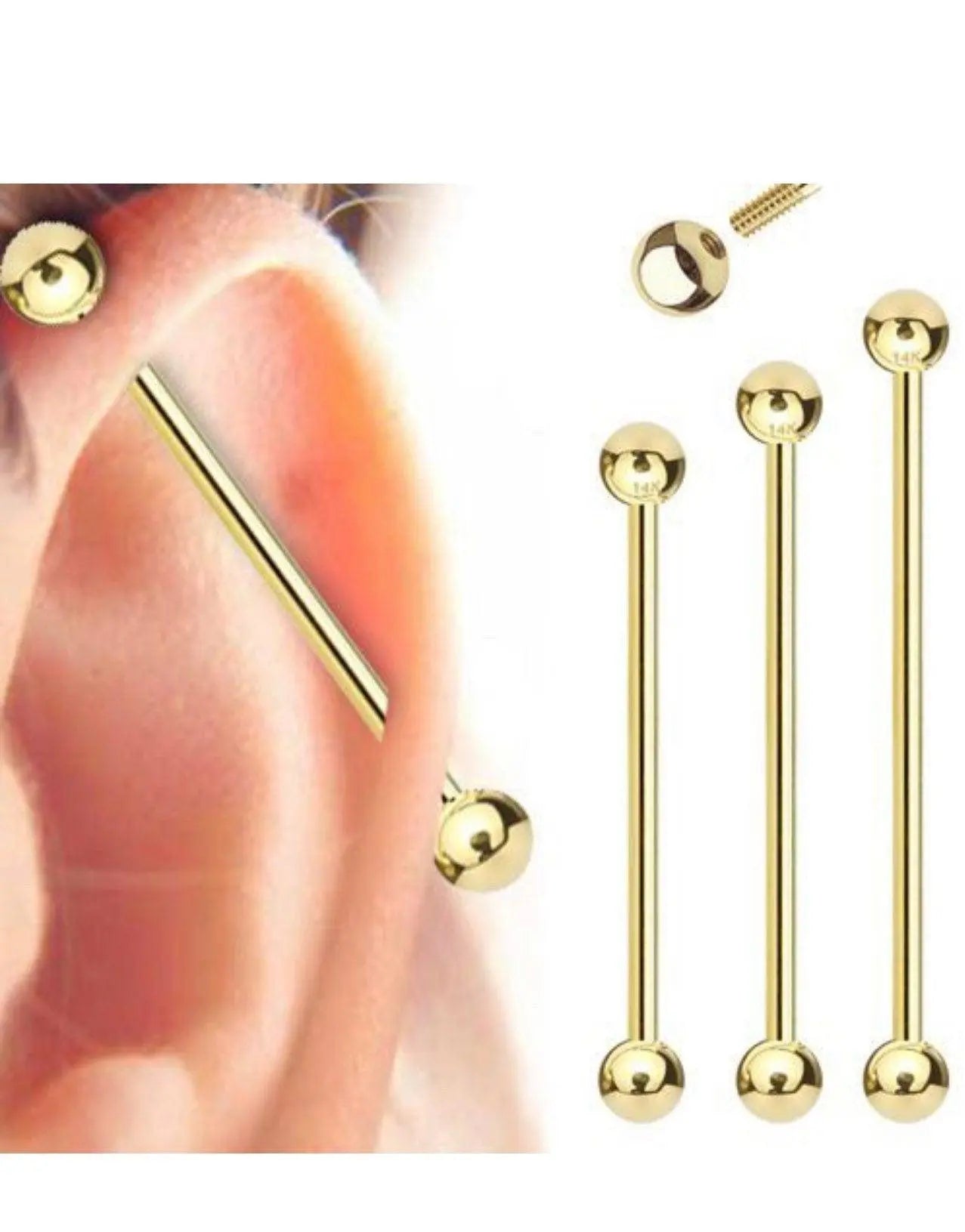 14K Solid Gold 14 Gauge Industrial straight Barbell Body Jewelry - ADIRFINE 