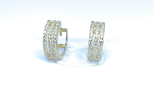 14K Solid Gold 3 Row CZ Prong Setting Huggie Hoop Earrings - ADIRFINE 