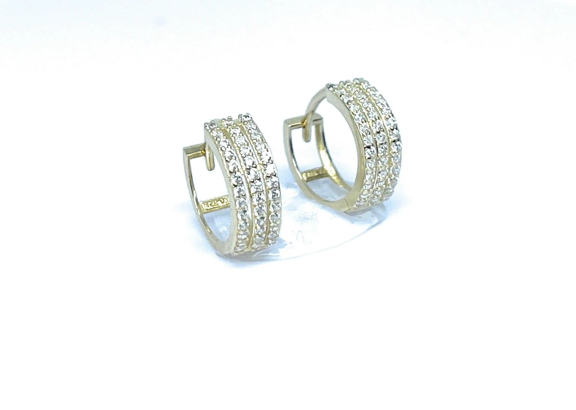 14K Solid Gold 3 Row CZ Prong Setting Huggie Hoop Earrings - ADIRFINE 