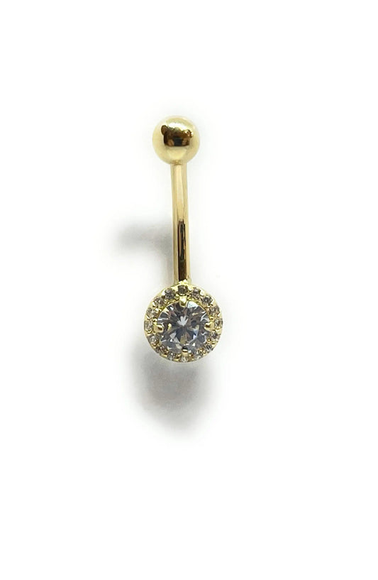 14K Solid Gold Banana Bar Cubic Zirconia Halo Belly Button Ring - ADIRFINE 