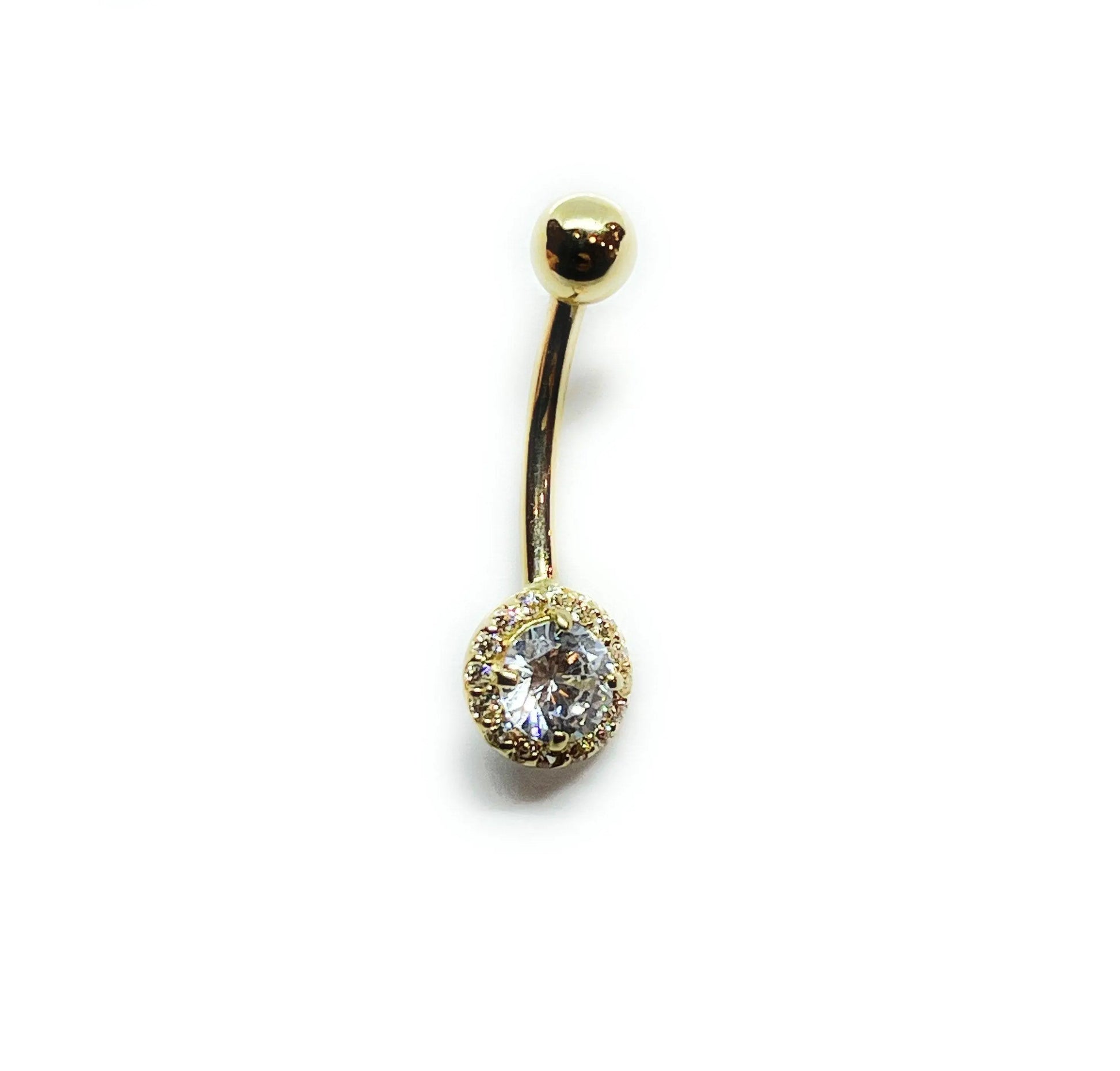 14K Solid Gold Banana Bar Cubic Zirconia Halo Belly Button Ring - ADIRFINE 