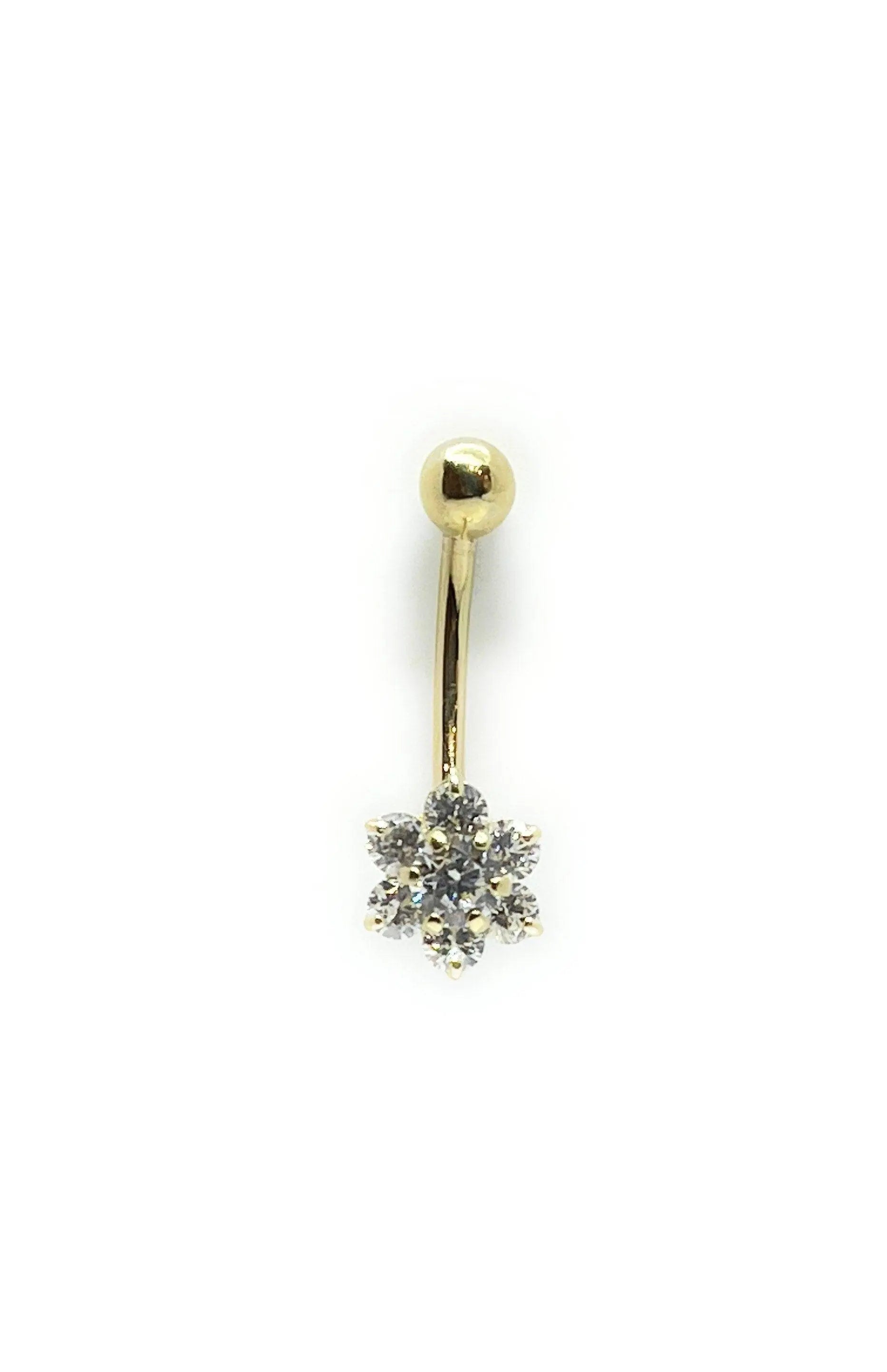 14K Solid Gold Banana Bar Flower Belly Button Ring - ADIRFINE 