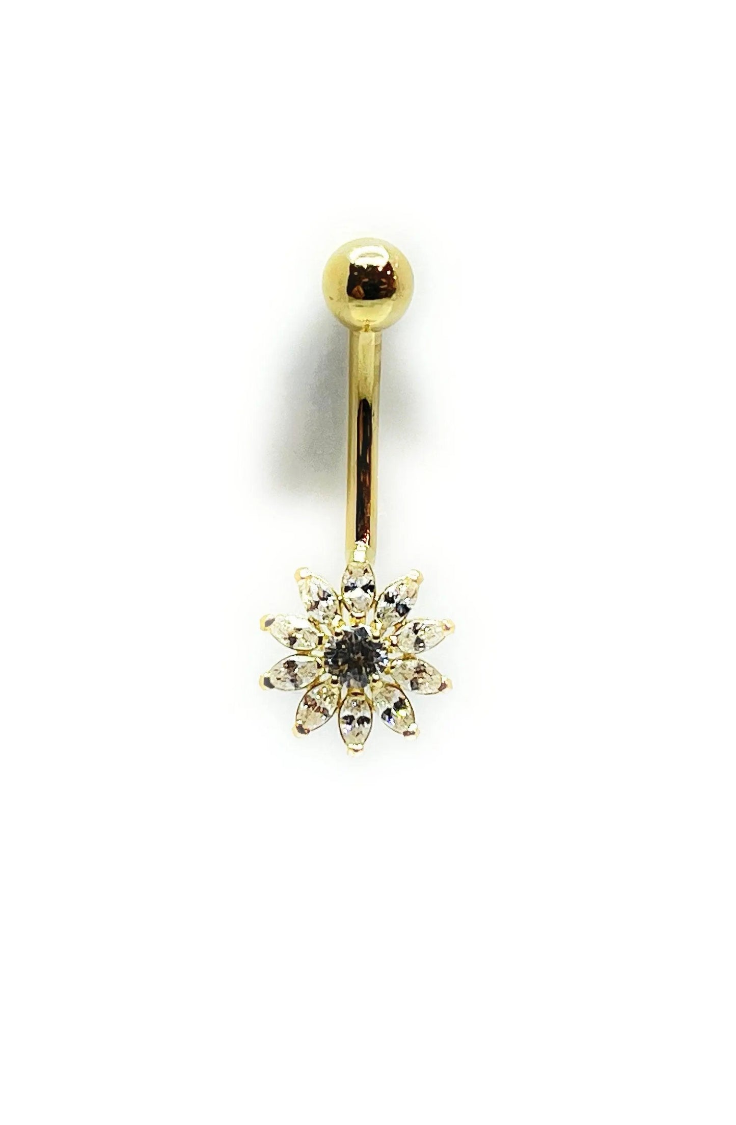 14K Solid Gold Banana Bar Flower Belly Button Ring - ADIRFINE 