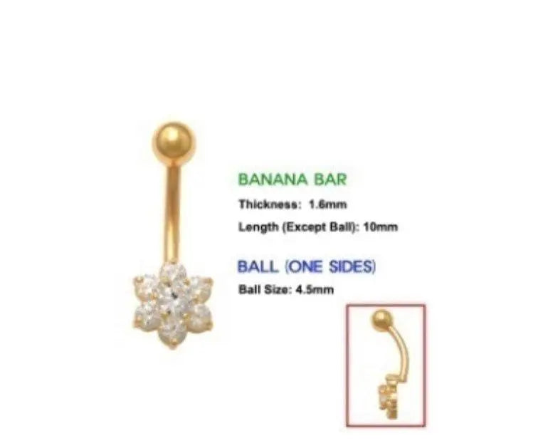 14K Solid Gold Banana Bar Flower Belly Button Ring - ADIRFINE 