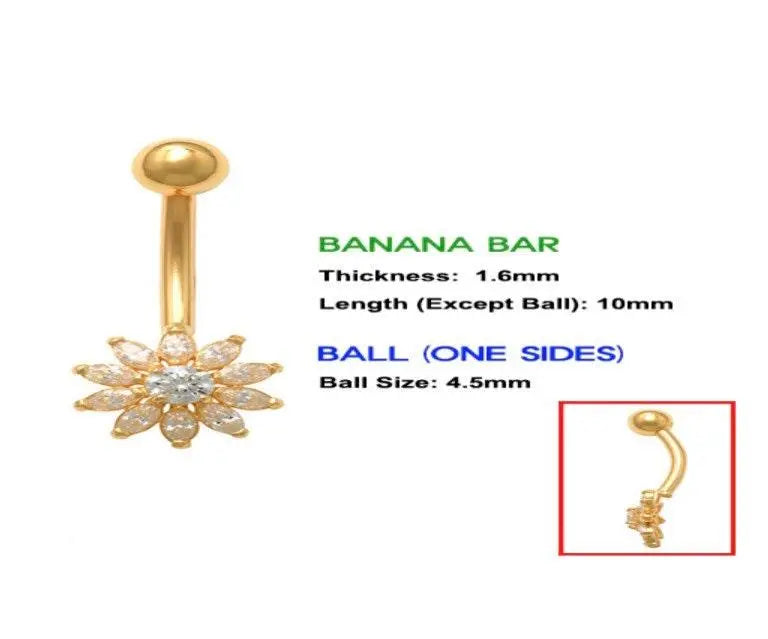 14K Solid Gold Banana Bar Flower Belly Button Ring - ADIRFINE 