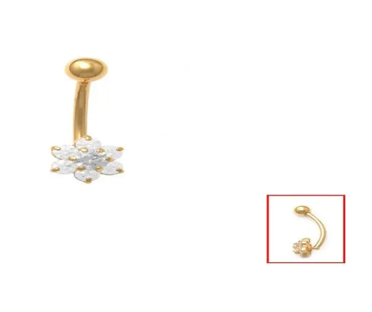 14K Solid Gold Banana Bar Flower Belly Button Ring - ADIRFINE 