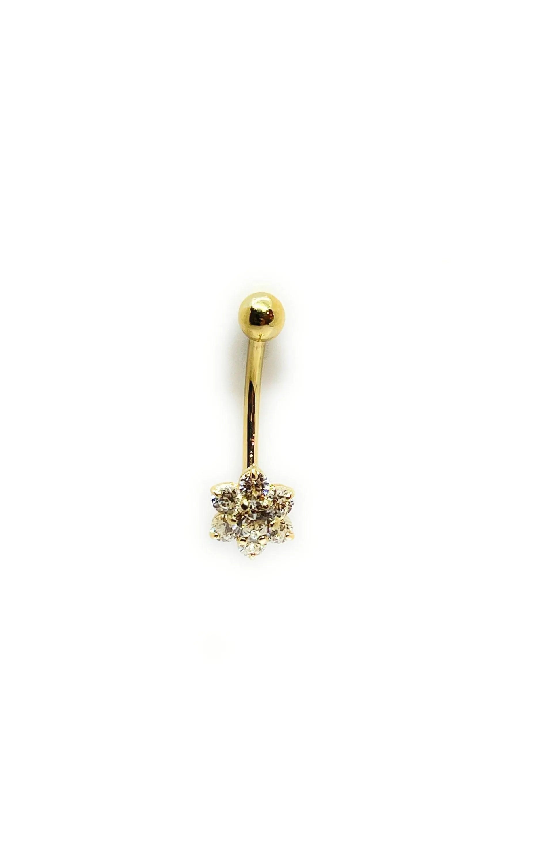 14K Solid Gold Banana Bar Flower Belly Button Ring - ADIRFINE 