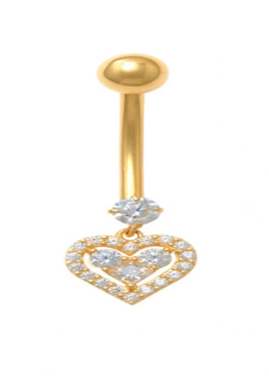 14K Solid Gold Banana Bar Heart Belly Button Ring - ADIRFINE 