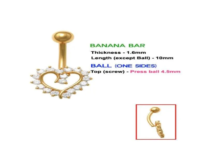 14K Solid Gold Banana Bar Heart Belly Button Ring - ADIRFINE 