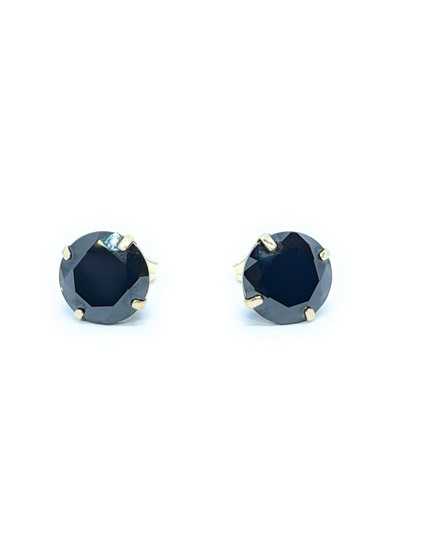 14K Solid Gold Basket Set Round Black Cubic Zirconia Studs Earrings - ADIRFINE 