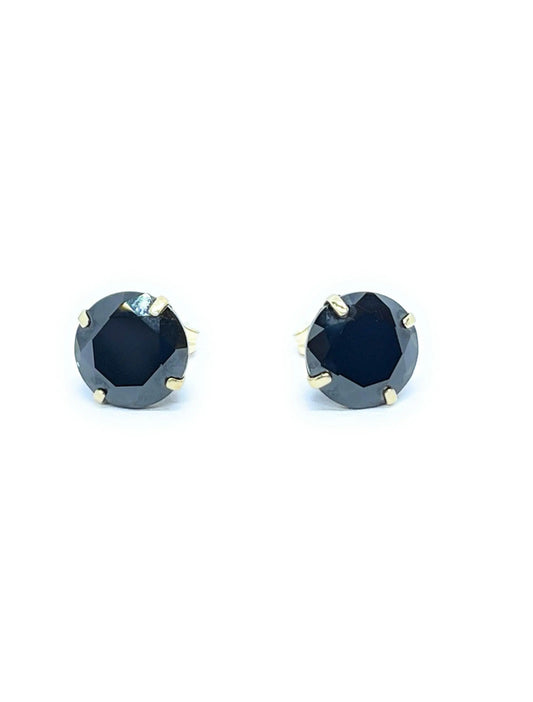 14K Solid Gold Basket Set Round Black Cubic Zirconia Studs Earrings - ADIRFINE 