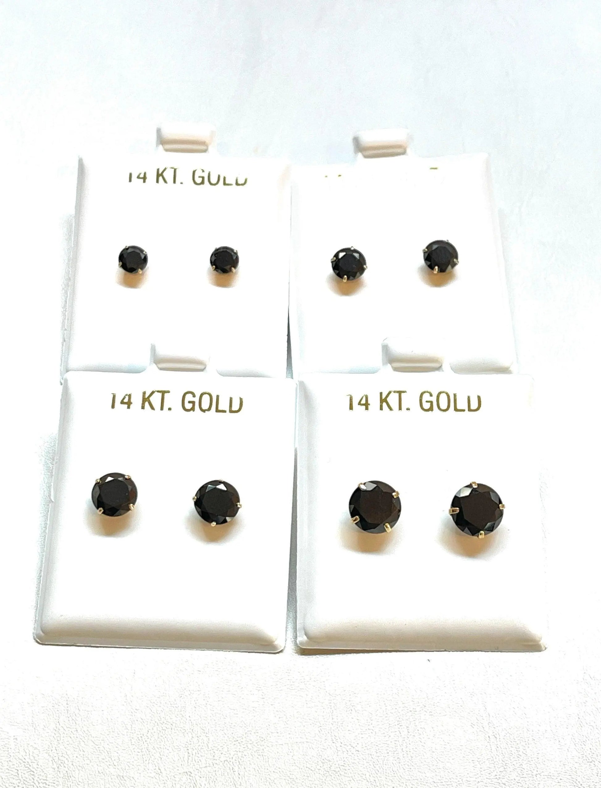 14K Solid Gold Basket Set Round Black Cubic Zirconia Studs Earrings - ADIRFINE 