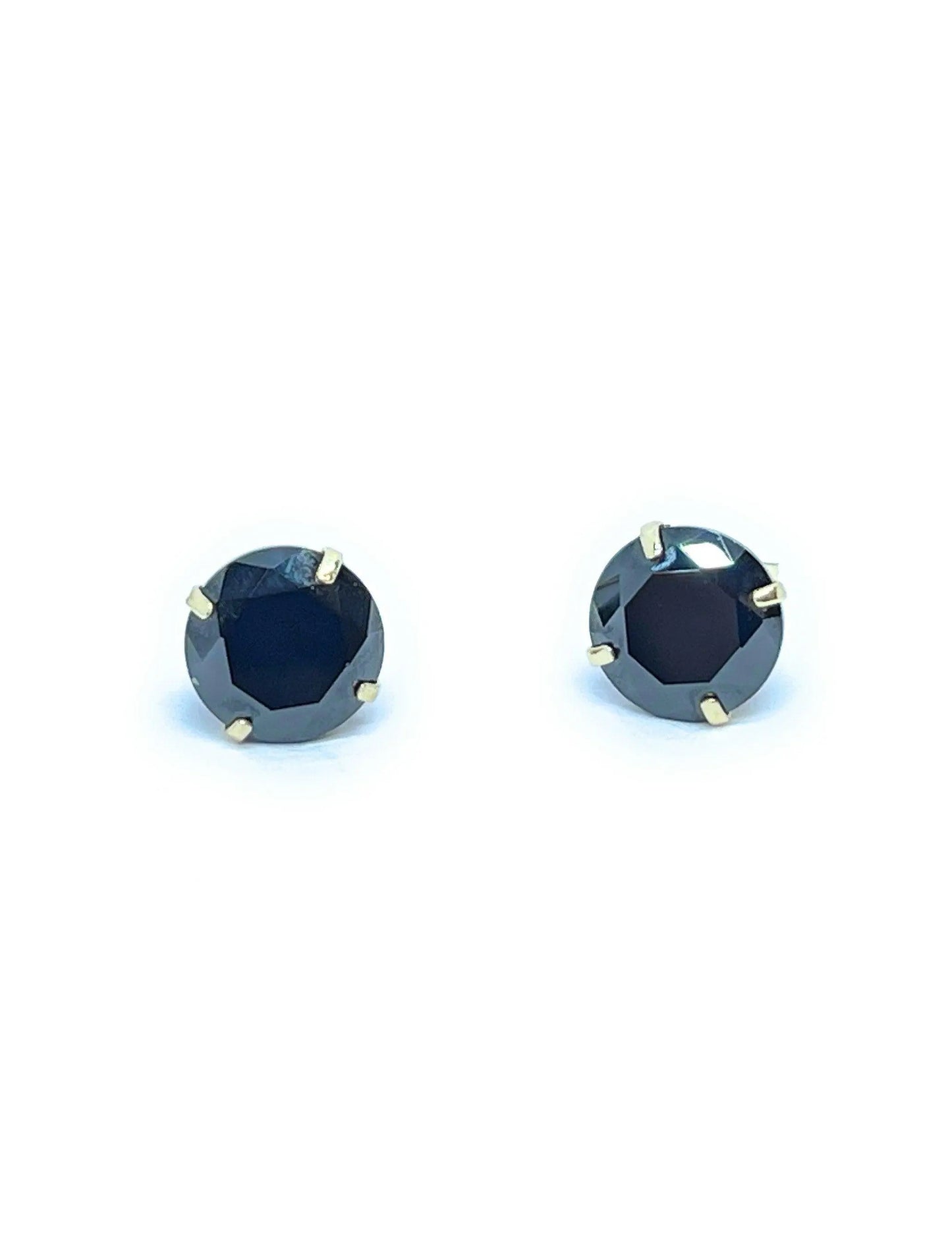 14K Solid Gold Basket Set Round Black Cubic Zirconia Studs Earrings - ADIRFINE 