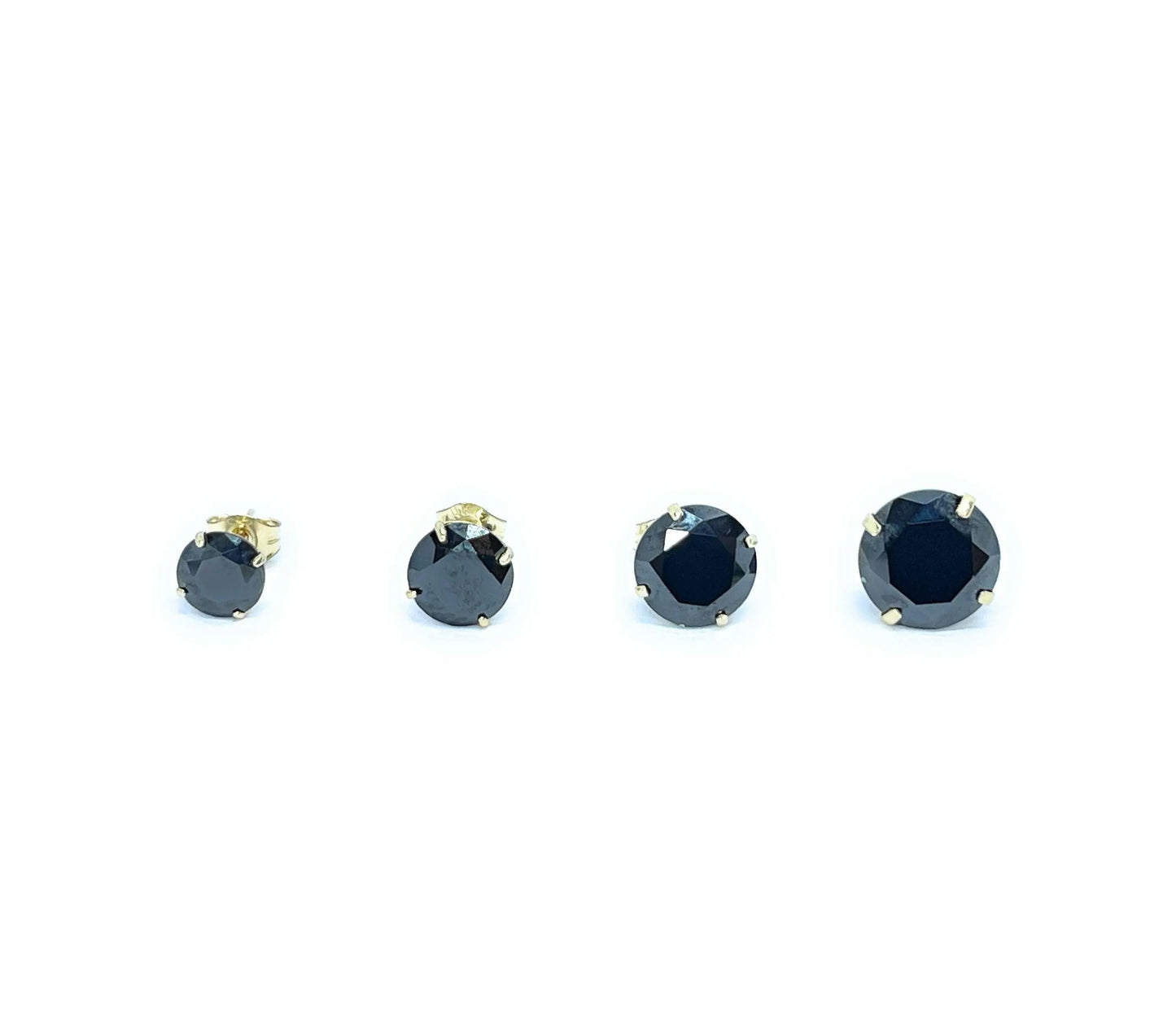 14K Solid Gold Basket Set Round Black Cubic Zirconia Studs Earrings - ADIRFINE 