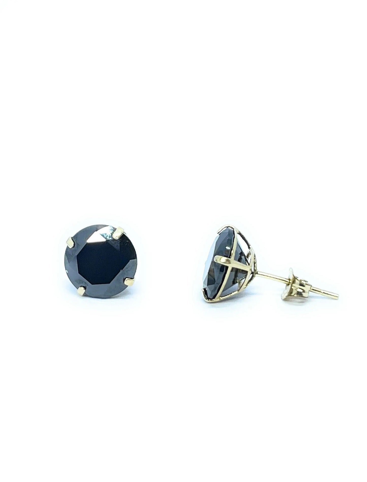 14K Solid Gold Basket Set Round Black Cubic Zirconia Studs Earrings - ADIRFINE 