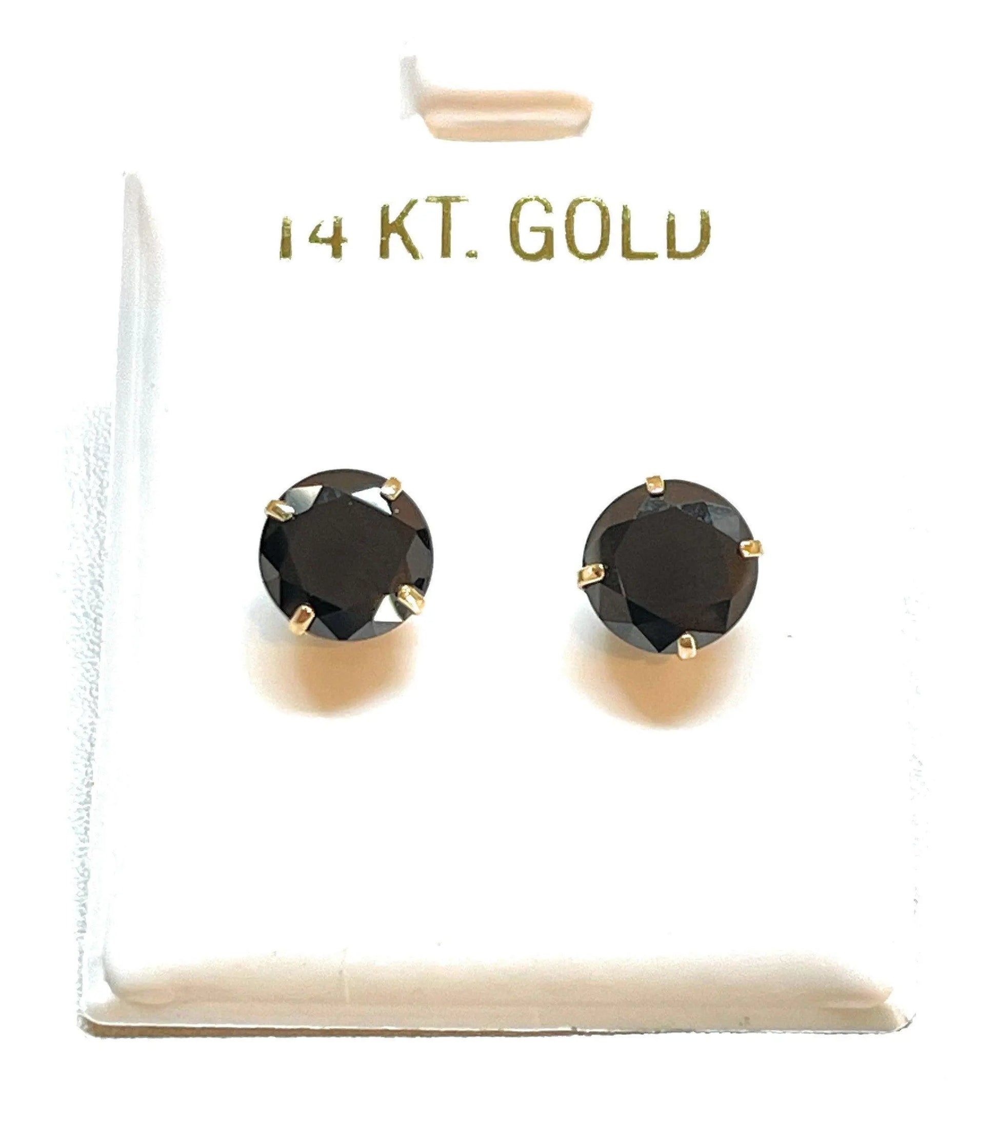 14K Solid Gold Basket Set Round Black Cubic Zirconia Studs Earrings - ADIRFINE 