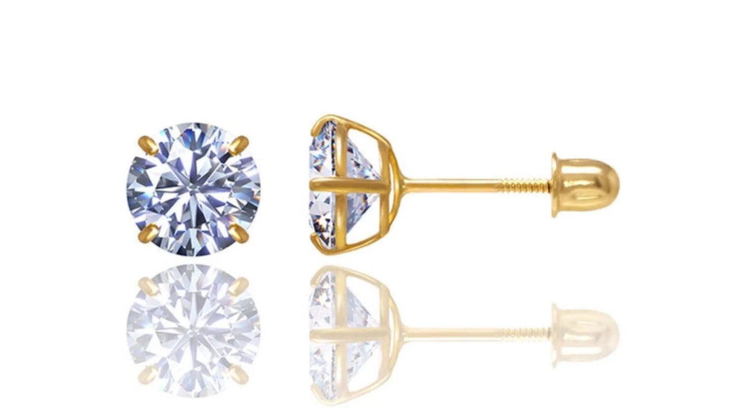 14K Solid Gold Basket Set Round Solitaire Cubic Zirconia Screw Back Studs Earrings - ADIRFINE 