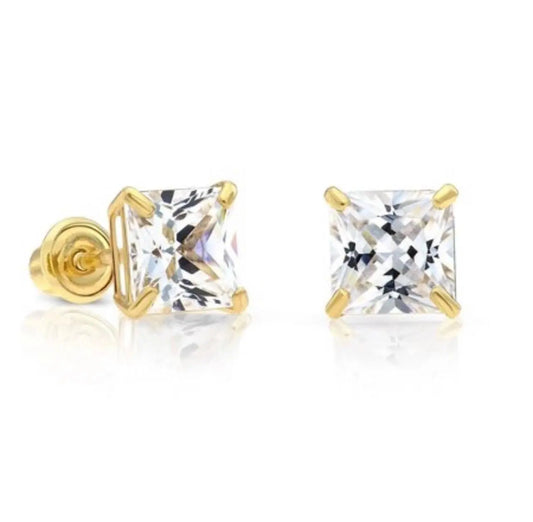 14K Solid Gold Basket Set Square Princess Cut Cubic Zirconia Screw Back Studs Earrings - ADIRFINE 