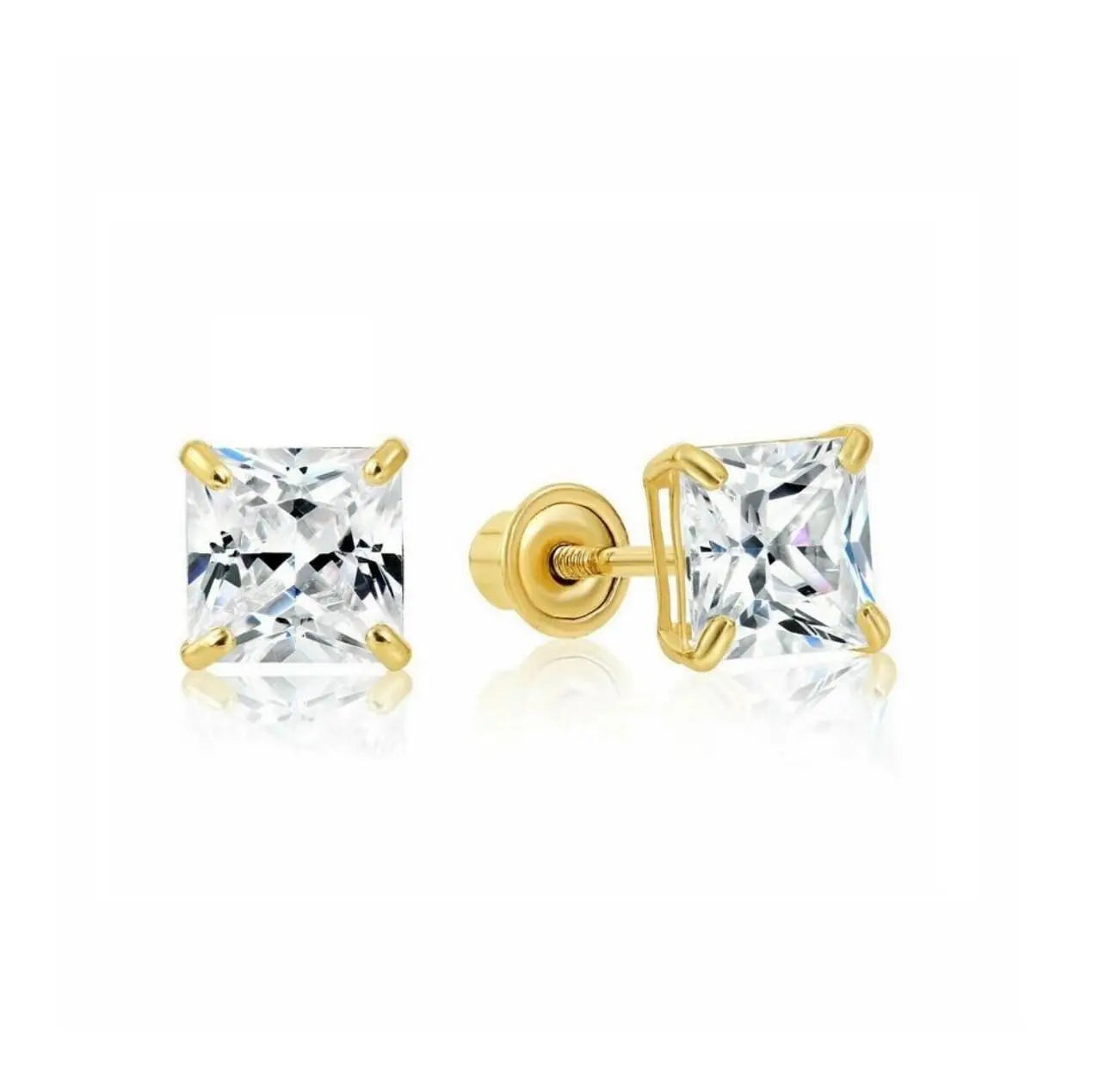 14K Solid Gold Basket Set Square Princess Cut Cubic Zirconia Screw Back Studs Earrings - ADIRFINE 